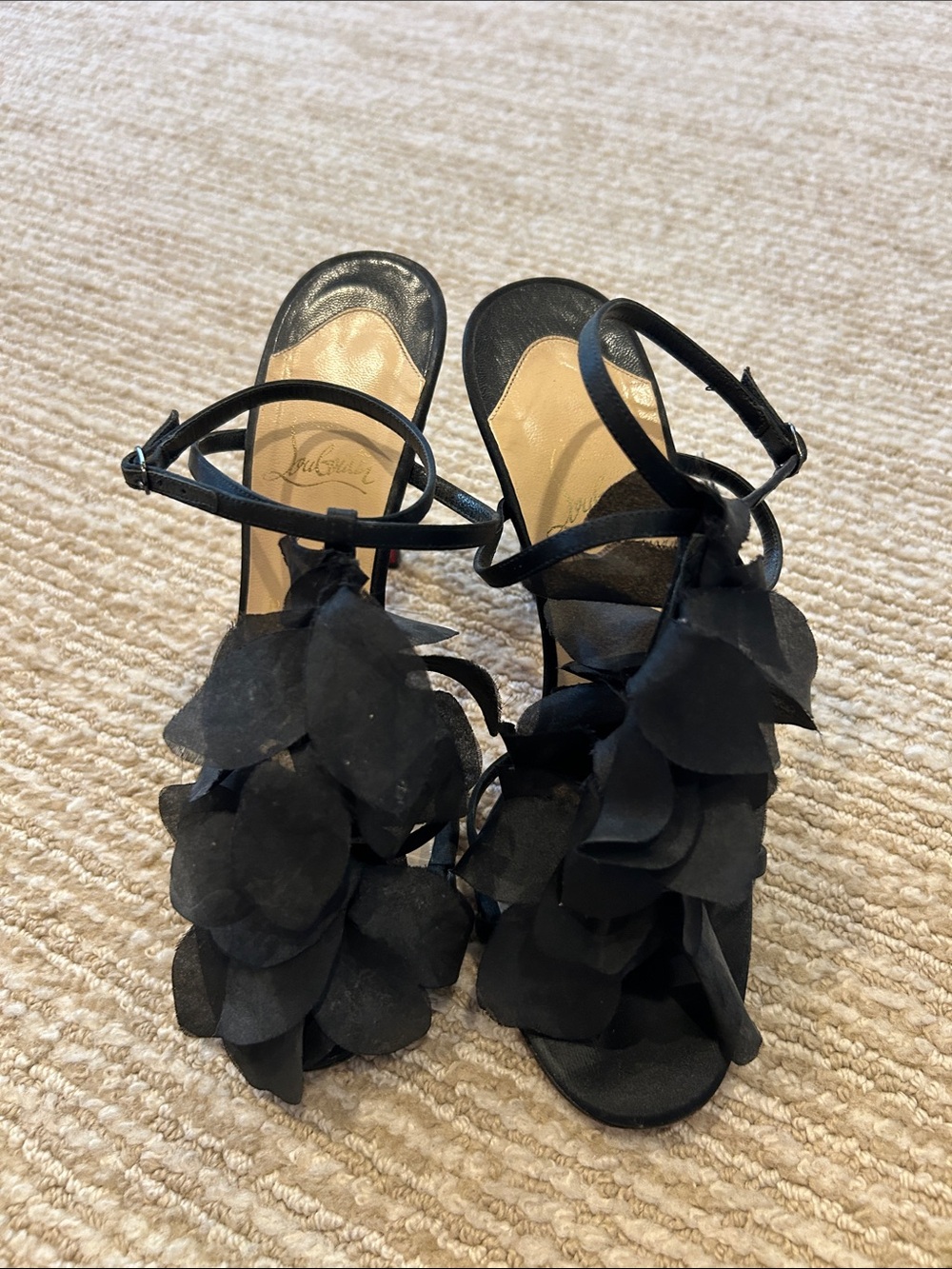 Christian Louboutin Black Petal Ankle-Strap Heels, size 37.5